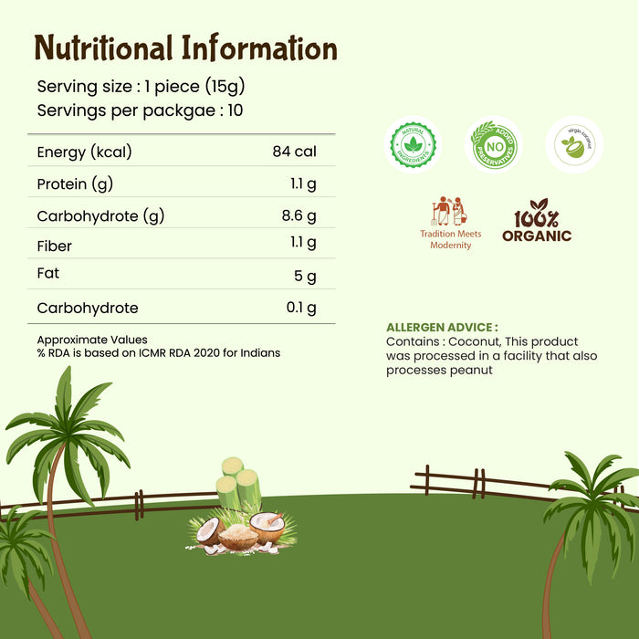Nutritional information label for a product with coconut illustration on a green background