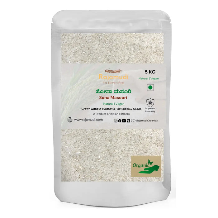 A package of Rajamudi Organics Organic Sona Masoori Rice featuring an illustration of rice fields and mountains in the background.