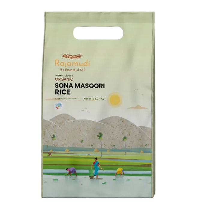 A package of Rajamudi Organics Organic Sona Masoori Rice featuring an illustration of rice fields and mountains in the background.