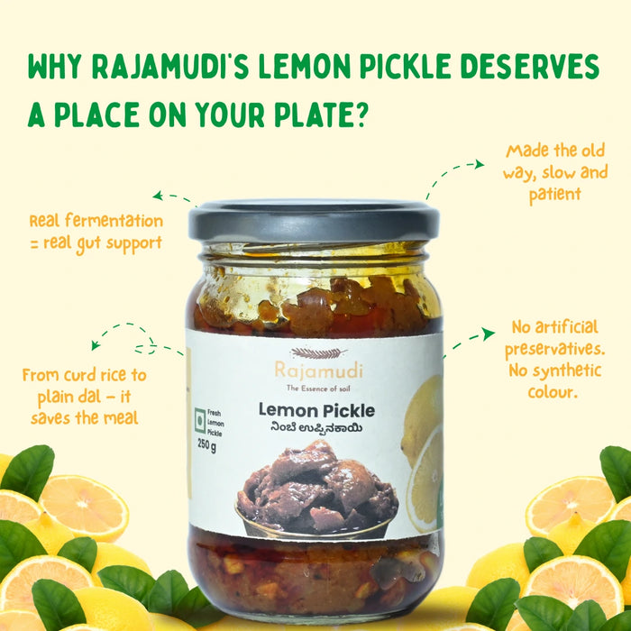 Rajamudi Organics Lemon Pickle 250g | Made with Organic Chilli & Turmeric | Traditional Taste | Rajamudi Organics