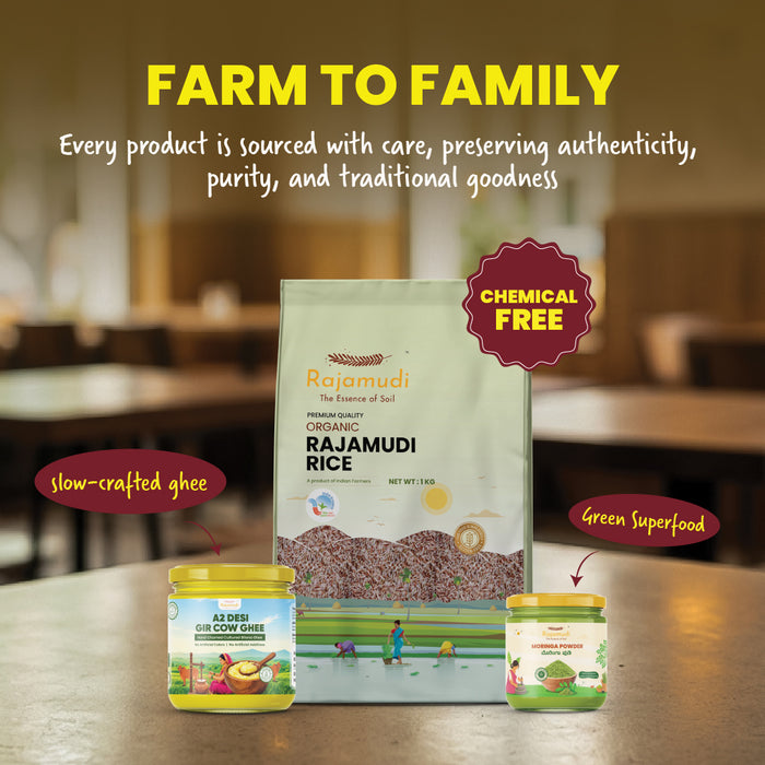 Rajamudi Native Goodness Combo - Organic Rajamudi Rice (1kg) + Desi Gir Cow Ghee A2 (250ml) + Organic Moringa Powder (100g) | 100% Pure & Certified