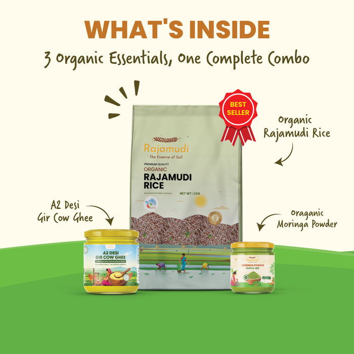 Rajamudi Native Goodness Combo - Organic Rajamudi Rice (1kg) + Desi Gir Cow Ghee A2 (250ml) + Organic Moringa Powder (100g) | 100% Pure & Certified