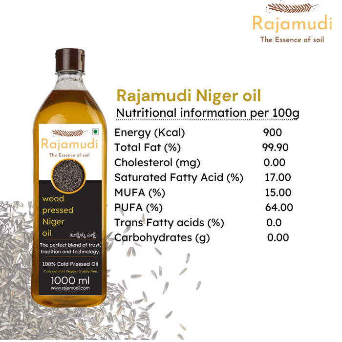 Rajamudi, rajamudi oils, wood pressed coils, rajamudi wood pressed oils, cooking oil, healthy cooking oil, cold pressed oil, vegan oil, wood pressed niger seed oil, niger seed, niger oil, rajamudi niger oil